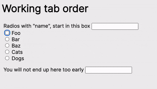 Animated image showing an input with type text, 5 radios and another input type text. The tab order is working as expected.