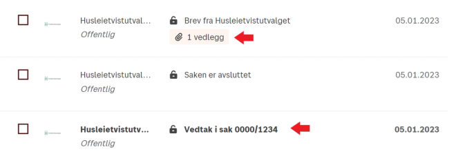 Skjermbilde som fra digipost inboks. Peker på brev fra Husleietvistutvalget med vedtak og brev.