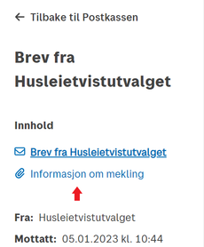Skjermbilde fra åpnet brev i digipost med pil på vedlegg "Informasjon om mekling"