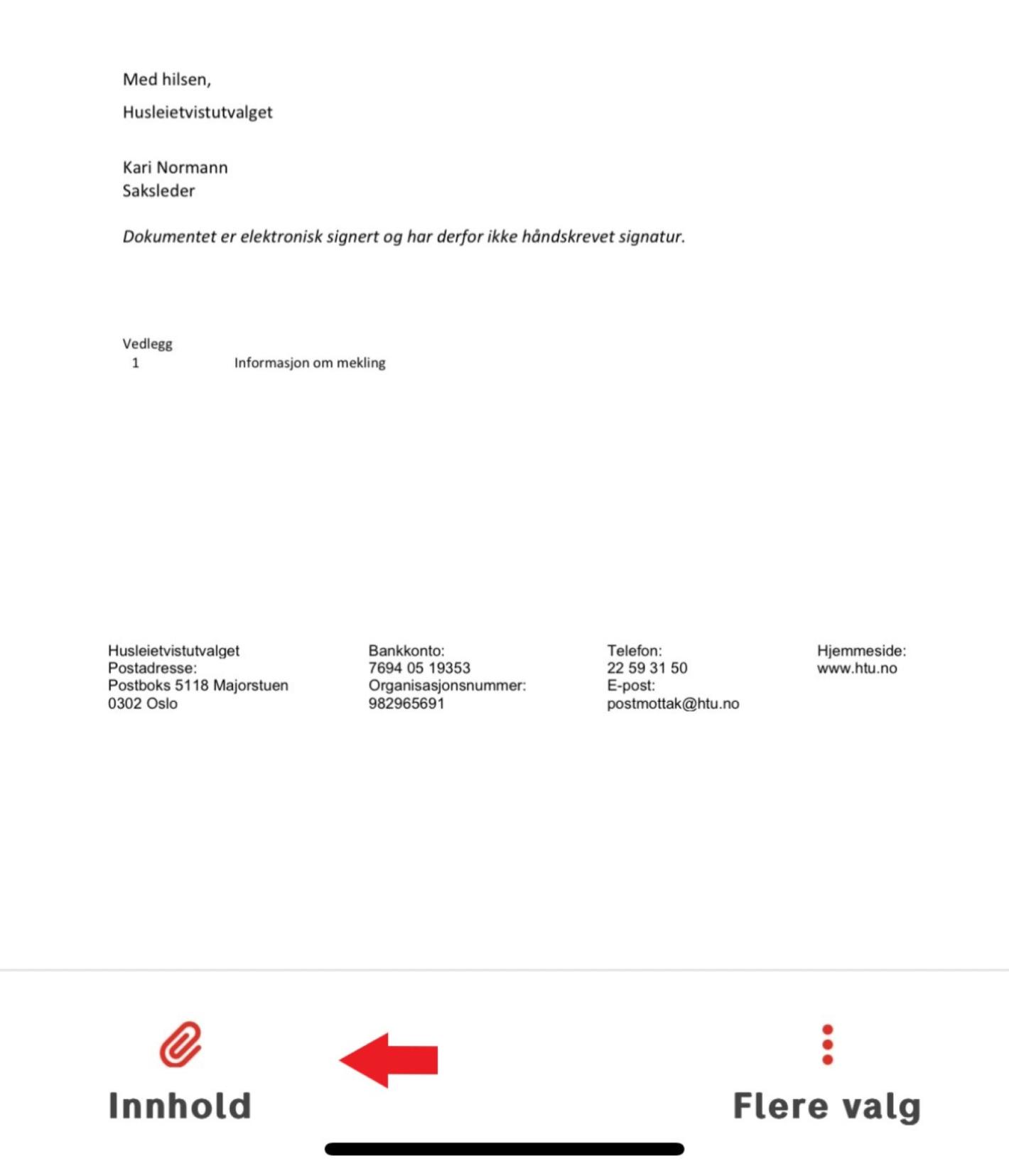 Skjembilde fra mobilvisning med pil mot "Innhold" knapp med bindersikon.