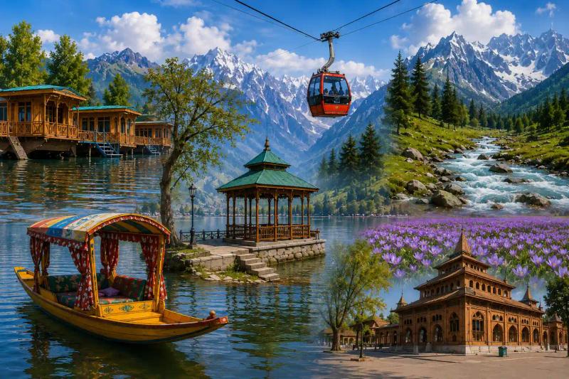 Top places to visit in Kashmir — shikara ride on Dal Lake, Gulmarg gondola over Himalayan peaks, saffron fields in Pampore, wooden gazebo on Nagin Lake, and Mughal-era heritage building in Srinagar