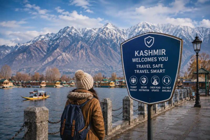 Tourist visiting Kashmir in November with Dal Lake, shikara and snow-covered mountains in Srinagar