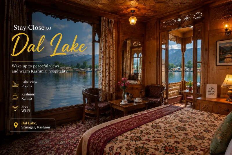 Kashmir in Monsoon houseboat interior with cozy wooden furnishings, warm lighting, and scenic Dal Lake and mountain views from the window.