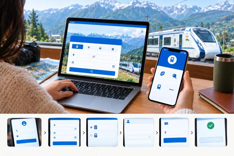 Kashmir by Train with online train ticket booking on a laptop and smartphone, featuring a scenic railway journey through Kashmir’s mountains and valleys.