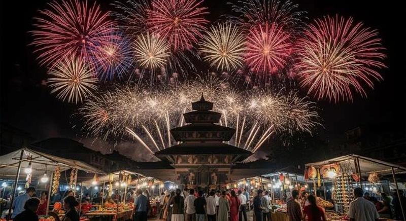 Fireworks and lanterns over a lakeside town on Kashmir New Year night