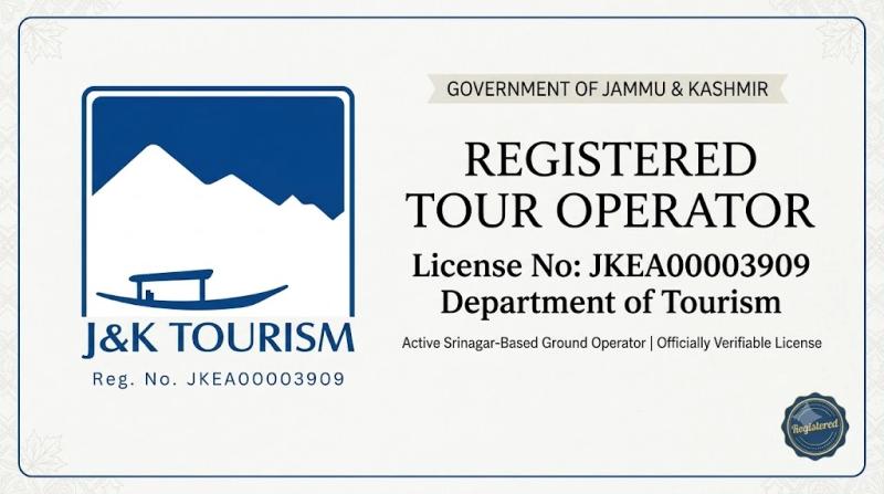 An official J&K Tourism registration certificate showing License No. JKEA00003909, indicating that Xogul is the best local tour operator in Kashmir