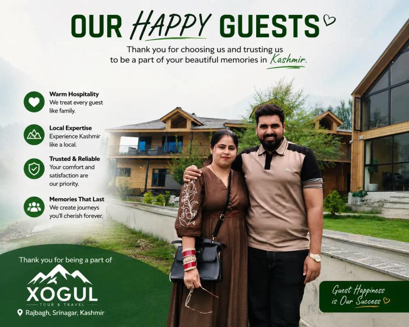 Happy guests enjoying their Kashmir Tour Package from Delhi at a beautiful resort in Kashmir, showcasing memorable travel experiences, warm hospitality, and a relaxing holiday.