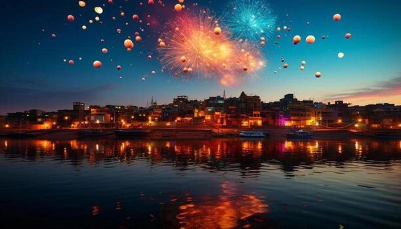 Laser show and lit-up shikaras on a lake during Kashmir New Year