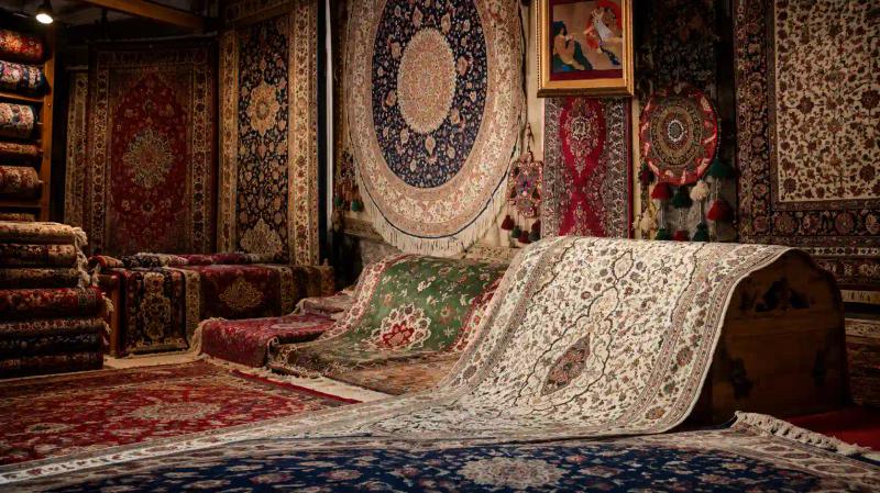 What to Buy in Kashmir – traditional Kashmiri carpets and intricately embroidered rugs displayed in a local carpet shop