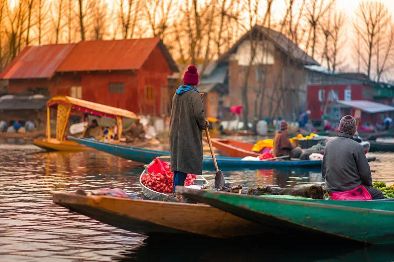 Vibrant floating market on Dal Lake, with colorful boat stalls selling local goods and surrounded by lush greenery.