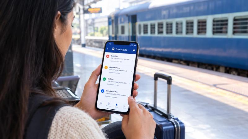 Traveller checking train delay and cancellation alerts on a phone before Vande Bharat Srinagar in winter departure