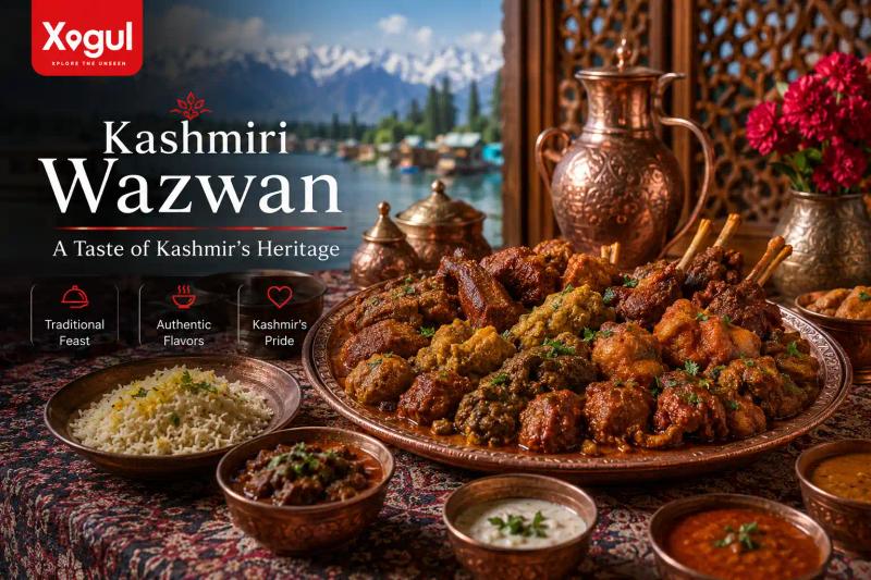 Authentic Kashmiri Wazwan featuring traditional Kashmiri cuisine and royal delicacies
