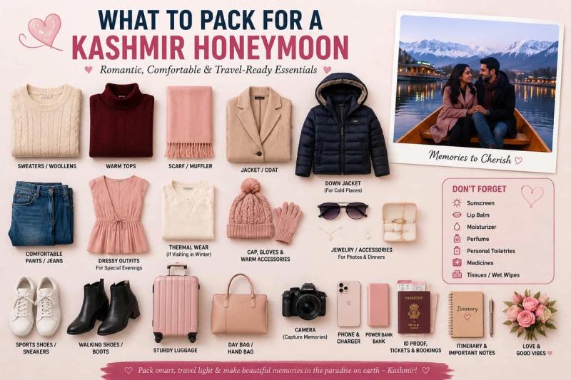 What to Pack for Kashmir honeymoon guide showing warm clothes, jackets, scarf, thermal wear, comfortable shoes, luggage, accessories, travel documents, and romantic travel essentials.