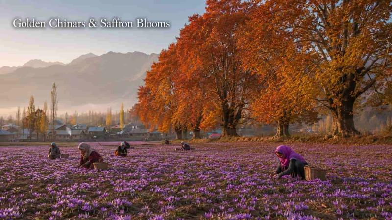 Autumn in Kashmir featuring crimson Chinar trees and local farmers harvesting purple saffron flowers in Pampore beneath the Himalayan mountains.