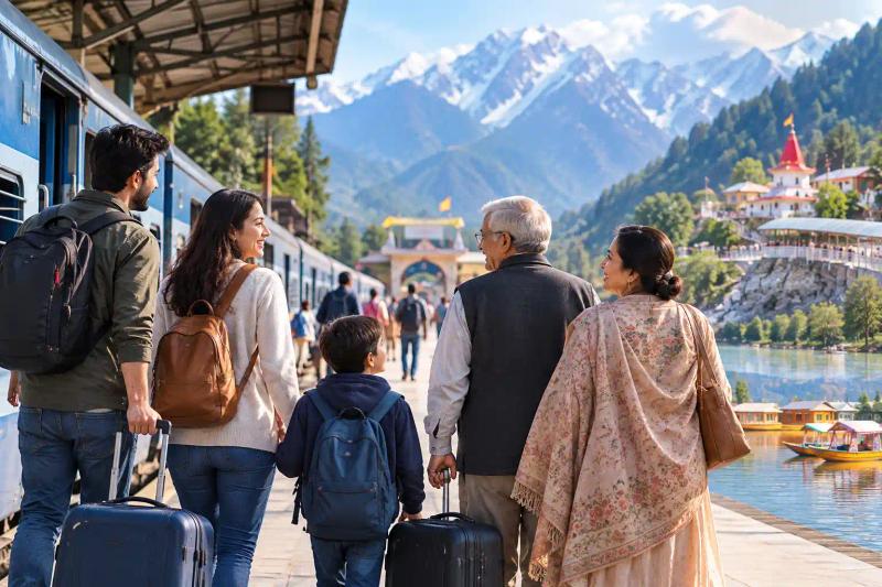 Kashmir by Train – family travellers arriving in Kashmir by train with luggage, mountain views, and a scenic railway setting.