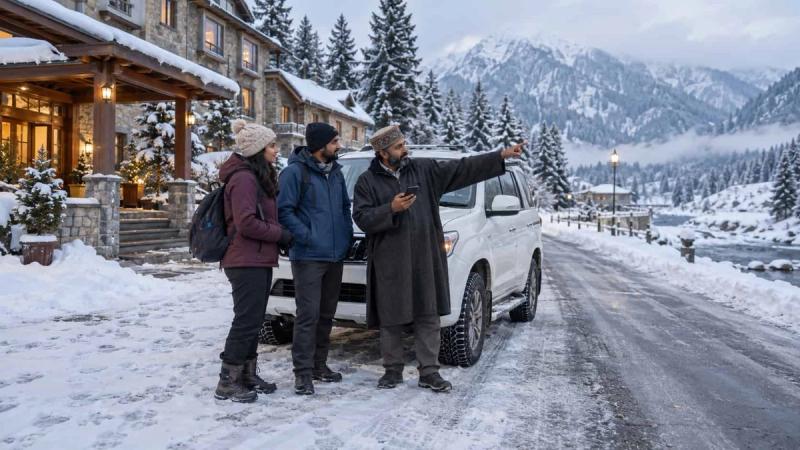 Local driver advising travelers beside a winter-ready vehicle during Kashmir in January