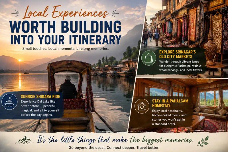 Sunrise shikara ride, Srinagar old city market, and a cozy Pahalgam homestay showcasing authentic Kashmir experiences.