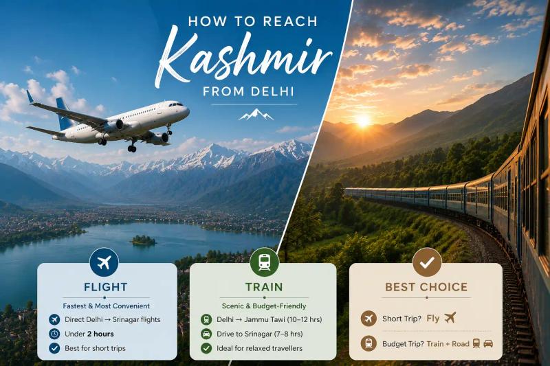 Kashmir Tour Package from Delhi with flight and train travel options to Srinagar.