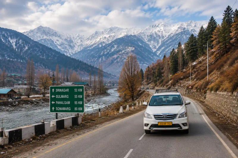 Getting around Kashmir in November by private cab on scenic mountain roads between Srinagar, Gulmarg and Pahalgam