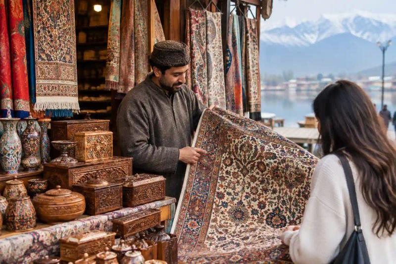 What to Buy in Kashmir – tourists shopping for Kashmiri dry fruits, almonds, walnuts, pistachios, saffron and dried apricots at a local market