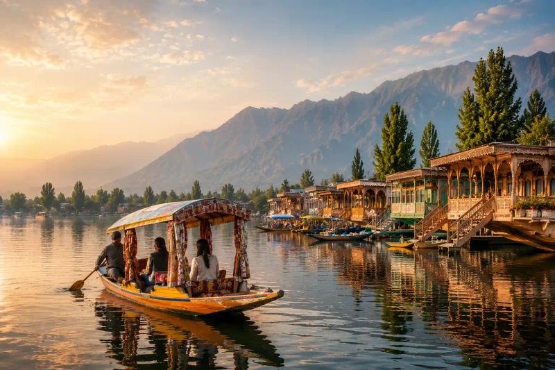 Kashmir in November with a colorful shikara on Dal Lake in Srinagar, traditional houseboats and mountains in the background