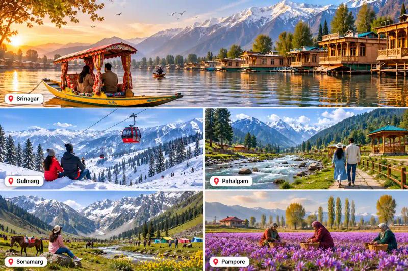 Kashmir Tours and Travels guide featuring Dal Lake, a traditional shikara, and snow-capped Himalayan mountains.