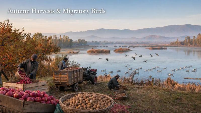Autumn in Kashmir featuring apple and walnut harvesting beside Hokersar Wetland as migratory birds arrive beneath the Himalayan mountains.
