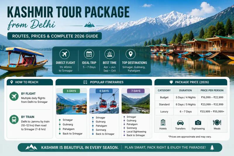 Kashmir tour packages from Delhi infographic featuring Dal Lake, Srinagar, Gulmarg, Pahalgam itineraries, travel routes, package prices, and 2026 travel guide.