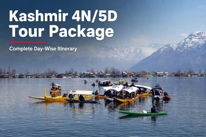 Kashmir 4N/5D Tour Package featuring shikara boats on Dal Lake with snow-covered mountains in the background.