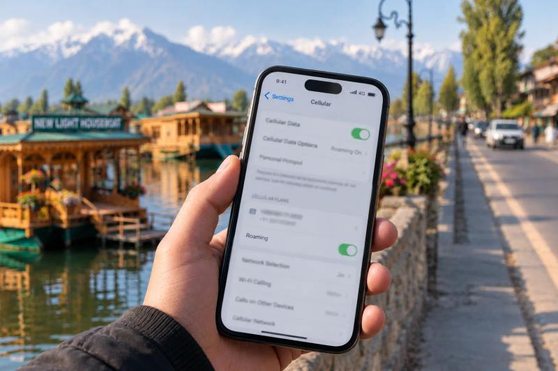 Kashmir SIM card for tourists checking mobile data and roaming settings before travelling.
