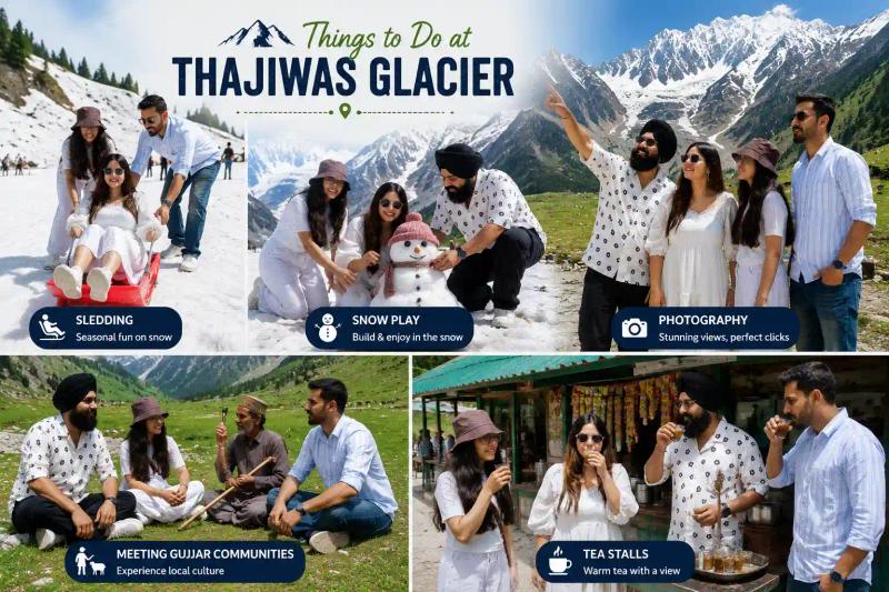 Tourists enjoying sledding, snow play, photography, local culture and tea stalls at Thajiwas Glacier Sonamarg in Kashmir.