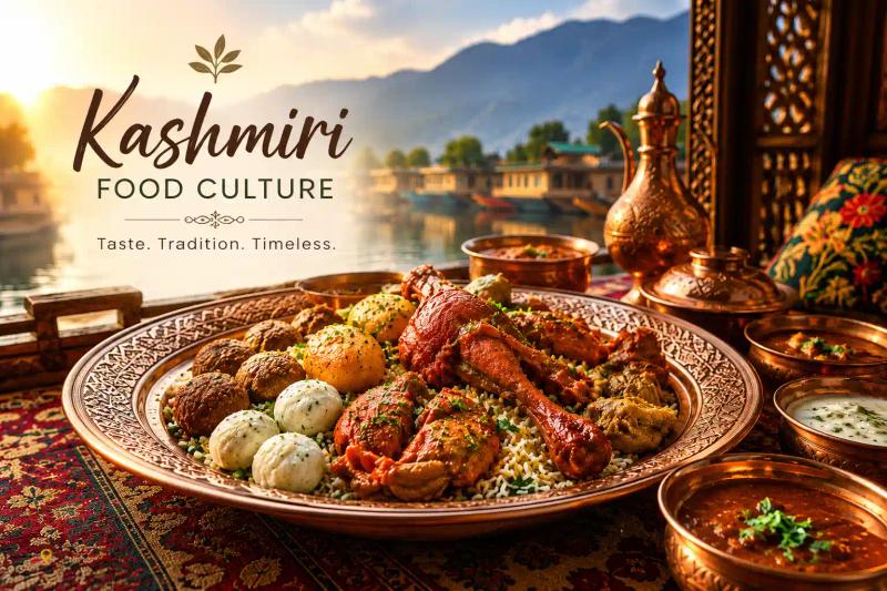 Traditional Kashmiri Wazwan feast served on an ornate copper platter overlooking Dal Lake, highlighting Kashmir's rich food culture and scenic beauty