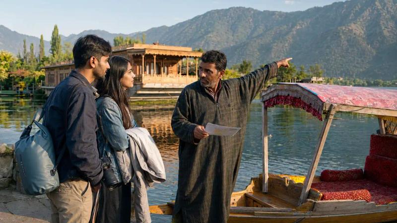 Travellers confirming their Shikara Ride in Srinagar route with a local boatman before boarding at Dal Lake.
