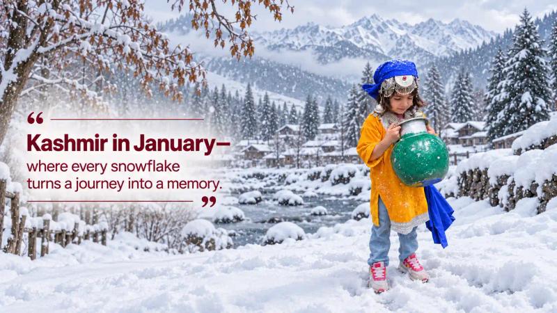 Child in traditional Kashmiri attire holding a pot amid snowfall in Kashmir in January, surrounded by snow-covered mountains.