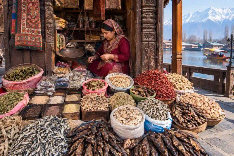 Kashmir winter food and culture featuring a traditional market stall with dried fish, vegetables, spices, chilies, and local ingredients.