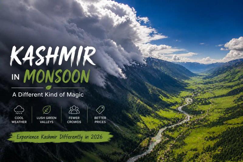 Kashmir in monsoon aerial view with storm clouds and lush green valley.
