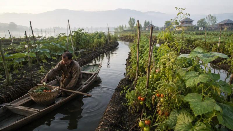 Shikara Ride in Srinagar through Dal Lake’s floating gardens as a local farmer harvests fresh vegetables.