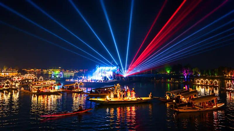 Kashmir New Year fireworks over a night market and temple