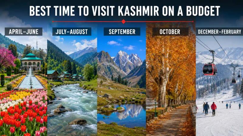 Best Time to Visit Kashmir on a Budget across spring, summer, autumn and winter, featuring tulip gardens, green valleys, Chinar trees and snowy Gulmarg.