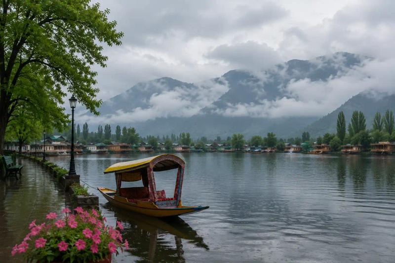 Shikara ride on Dal Lake during Kashmir monsoon season