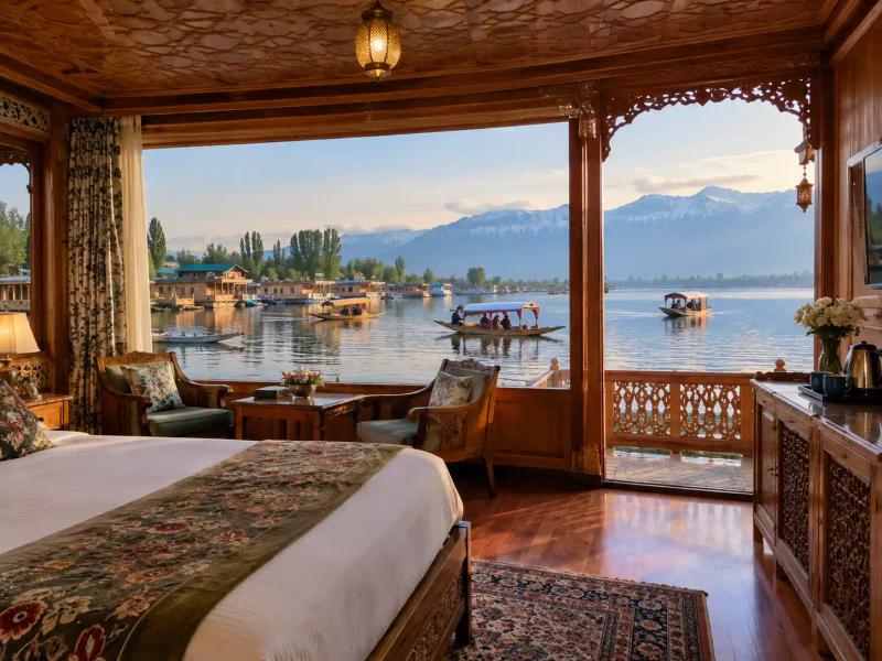 Houseboat bedroom with Dal Lake view and shikaras, stay option from a Kashmir travel agency for family trips