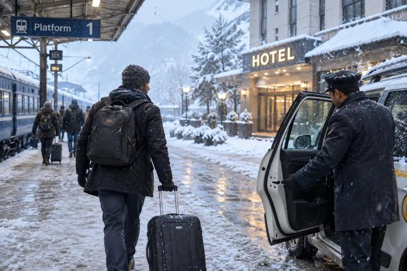 Traveller with a suitcase walking on a snowy platform to a waiting cab after Vande Bharat Srinagar in winter arrival