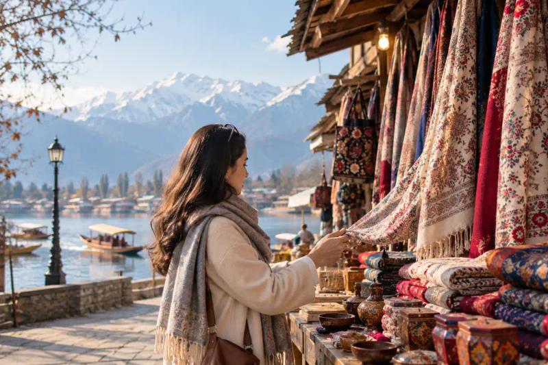 What to Buy in Kashmir – tourist shopping for traditional Kashmiri shawls and handicrafts at a lakeside market in Kashmir