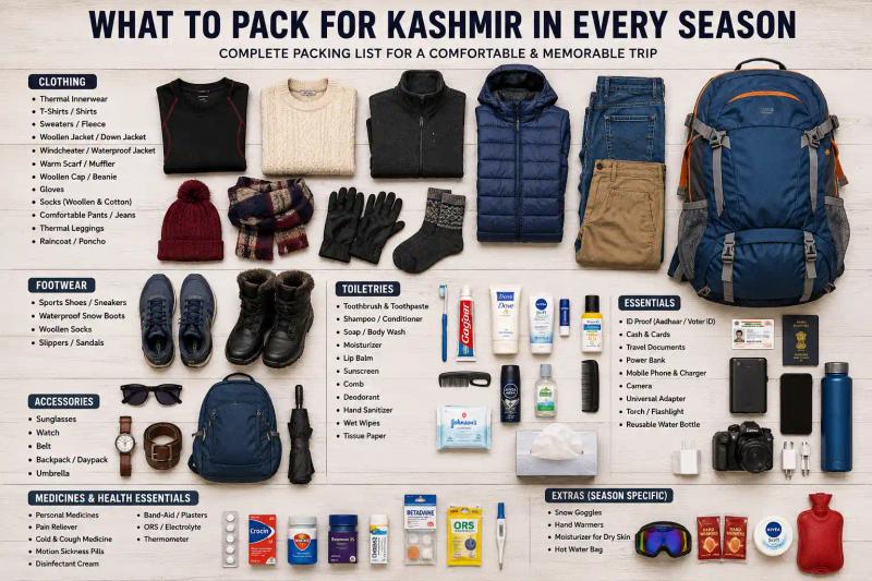 What to Pack for Kashmir in every season with clothing, footwear, toiletries, medicines, travel documents, accessories, backpack, water bottle, and winter essentials.