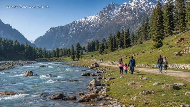 Things to Do in Kashmir – families and couples exploring Pahalgam Valley beside the Lidder River, pine forests and snow-covered mountains.