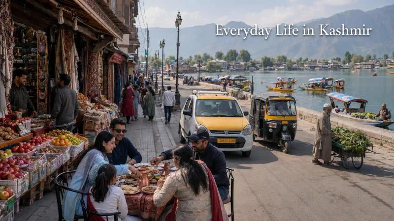 Is Kashmir Safe to Visit Right Now – tourists enjoying Kashmiri food beside a busy Srinagar market, with local transport and shikaras on Dal Lake.