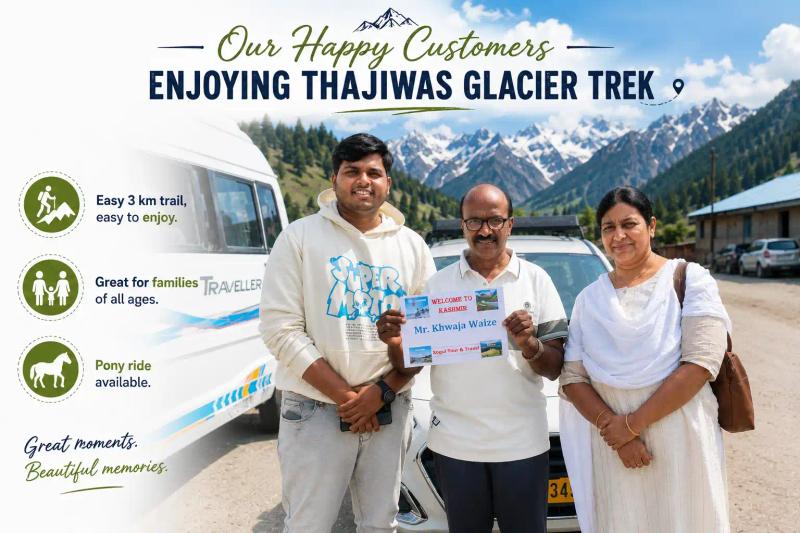 Happy customers enjoying their Thajiwas Glacier Sonamarg trip with Xogul Tour & Travel in Kashmir.
