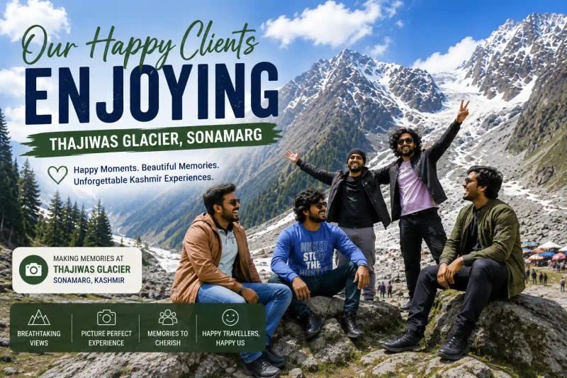 Our happy clients enjoying Thajiwas Glacier in Sonamarg, Kashmir with snow-covered mountains