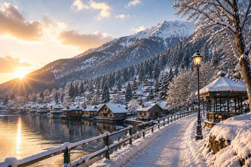 Kashmir in November with snow-covered mountains, winter landscape, and a scenic lakeside view.