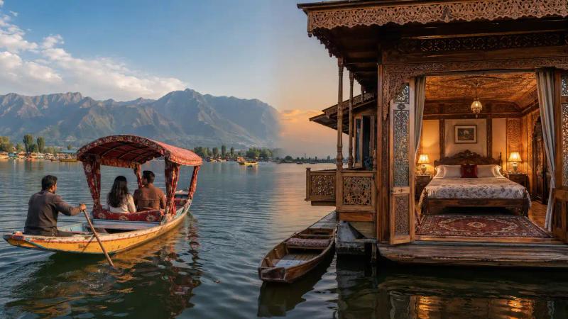 Shikara Ride in Srinagar across Dal Lake compared with an overnight stay aboard a traditional Kashmiri houseboat.